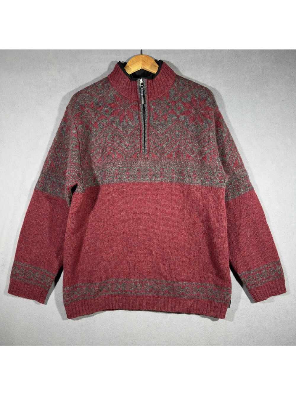 Obermeyer 100% Wool Nordic Fair Isle 1/4 Zip Sweater Mens Large Red Gray